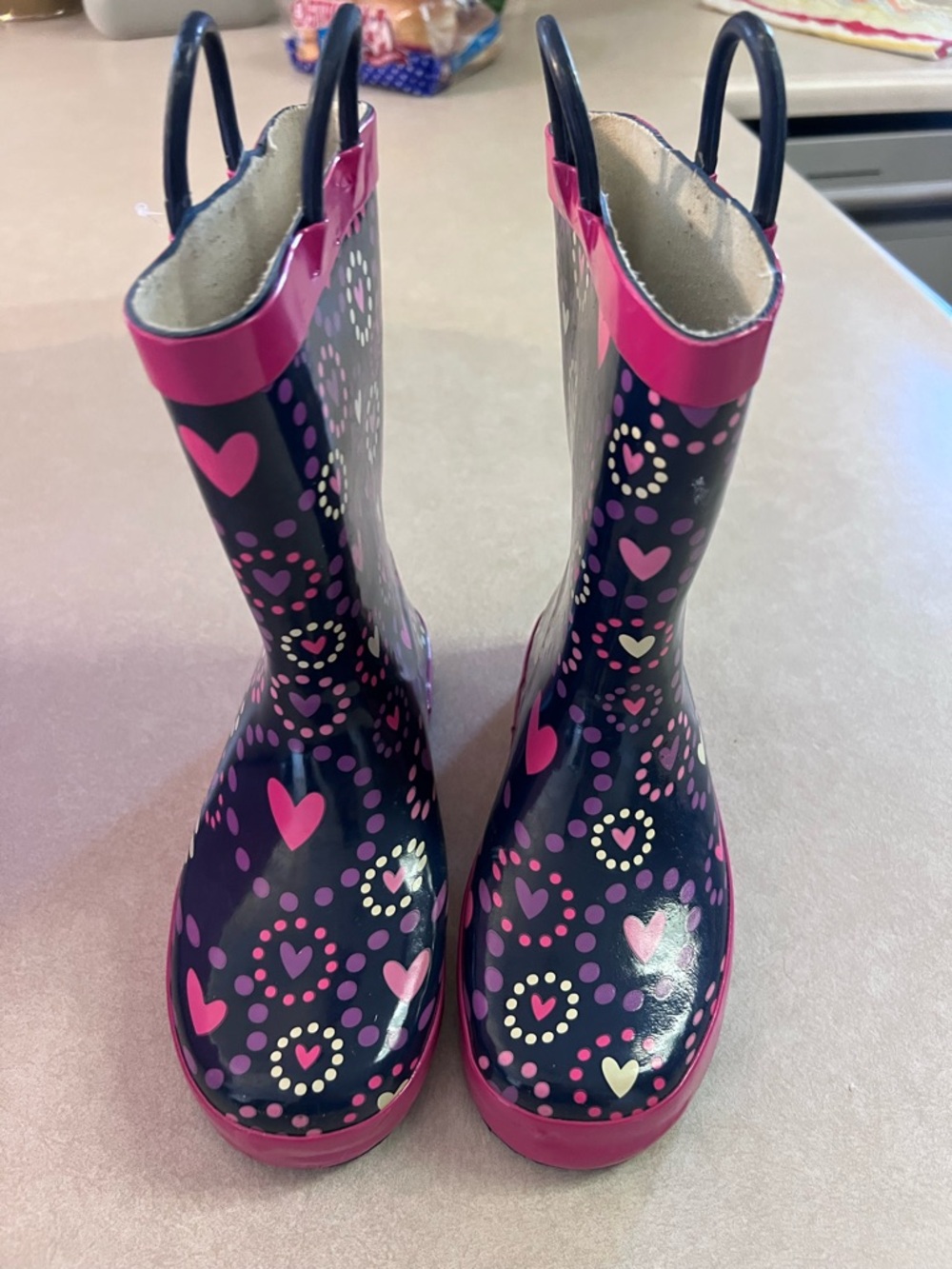 Western Chief Kids Navy Rain Boots with Pink Heart Pattern
